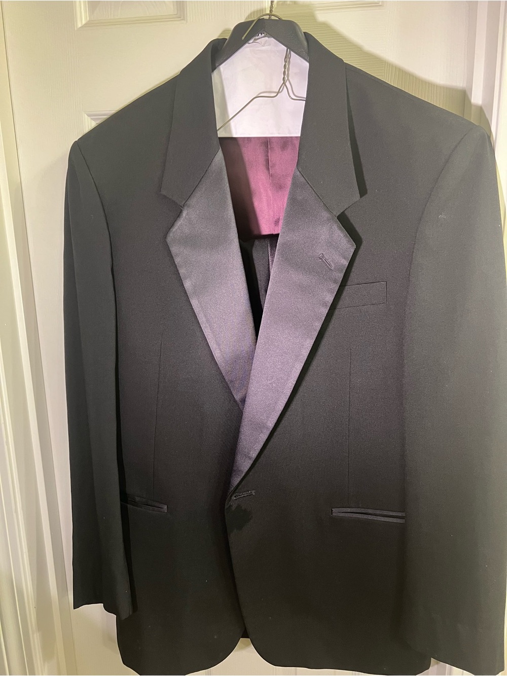 Men's Black Satin-Lapel Tuxedo, Jacket: Chest 44”, Pants: Waist 37” Length 27”